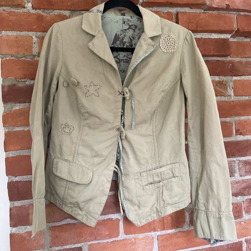 Quirky Embroidered Toggle Buttons Boho Cotton Khaki Lightweight Collar Jacket